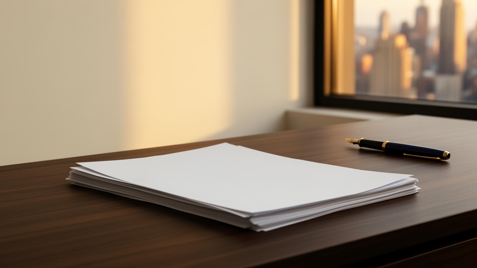 A finance professional's desk with documents and a fountain pen overlooking a city skyline at golden hour